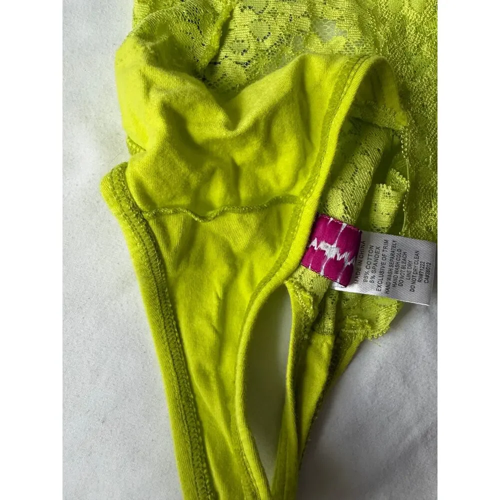 NWOT Vintage Rampage Neon Yellow Lace Thong Panty LOVE Rhinestone Back Size L